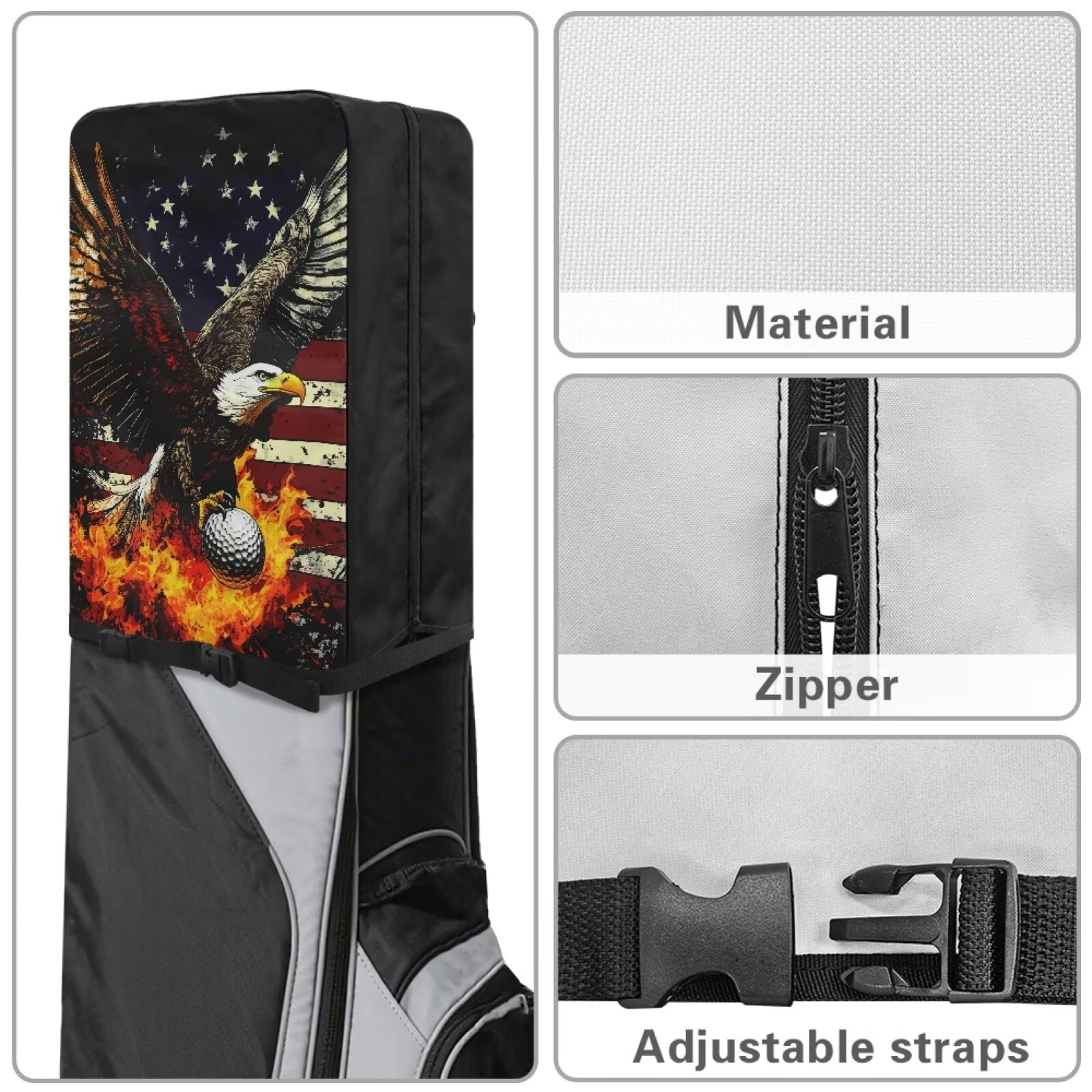 Chririnla American Flag Eagle Golf Bag Dust Cover Waterproof Hood with Snap Button Dust & Sun Protection for Clubs Universal Fit for Most Stand Bags, Cart Bags & Tour Bags