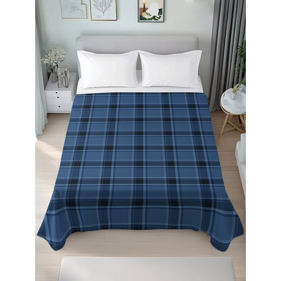 Queen Size Flat Sheet Only,Farmhouse Navy Blue Plaid Soft Top Bed Sheets Breathable Bedding Sheet Black Stripe Microfiber Hotel Luxury Top Sheets