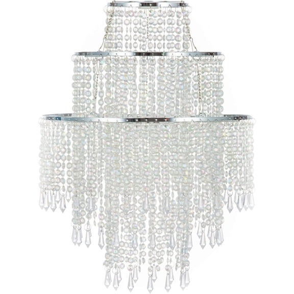 Modern 3-Tier Beaded Chandelier Shade - Chrome Frame with Clear Acrylic Jewel Droplets - 12.6" Diameter Ceiling Pendant Light Fixture for Bedroom & Living Room