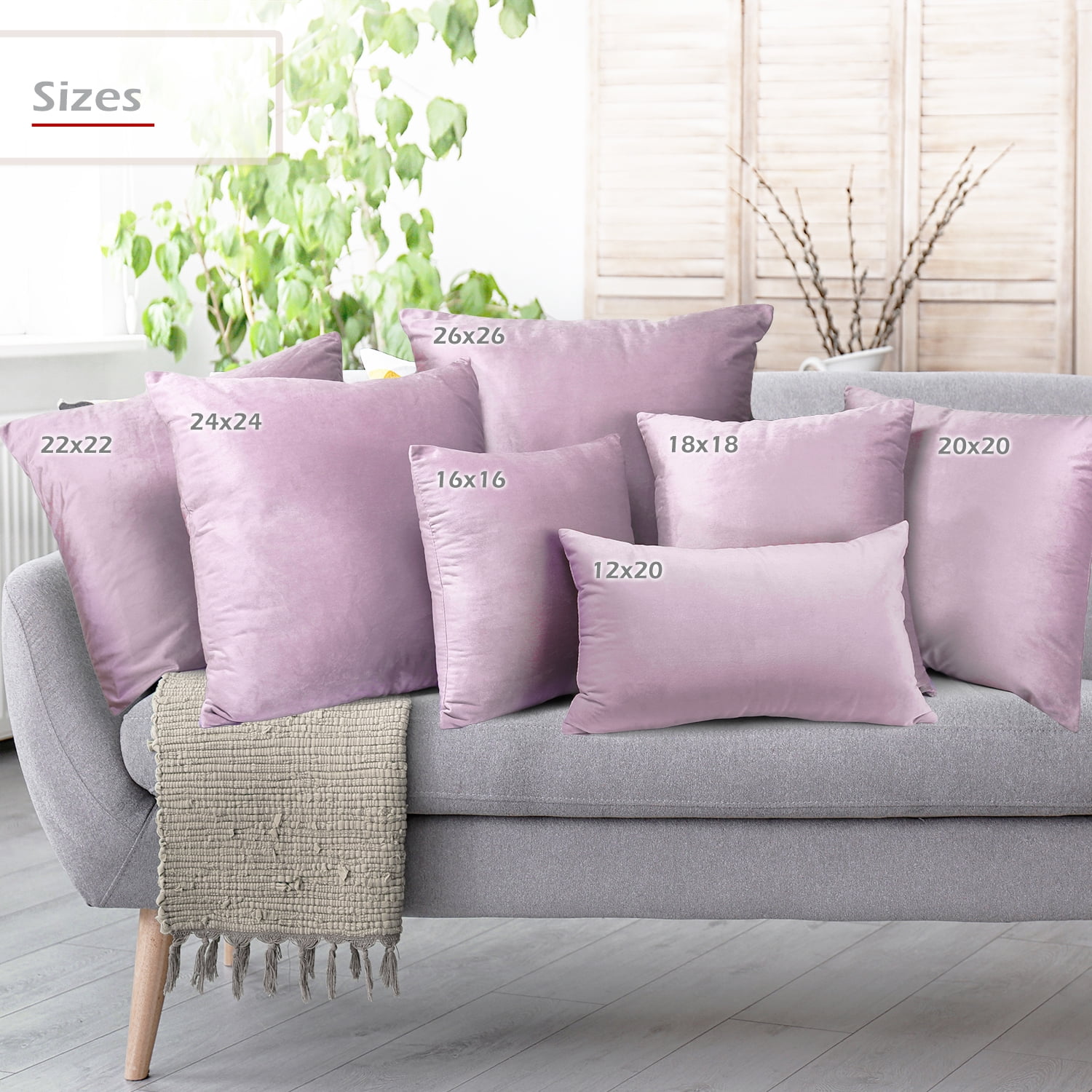 Clara Clark Plush Solid Decorative Microfiber Square Throw Pillow Cover with Throw Pillow Insert for Couch, Grey Lavendar, 24"x24"", 4 Piece Decorative Soft Throw Pillow Set