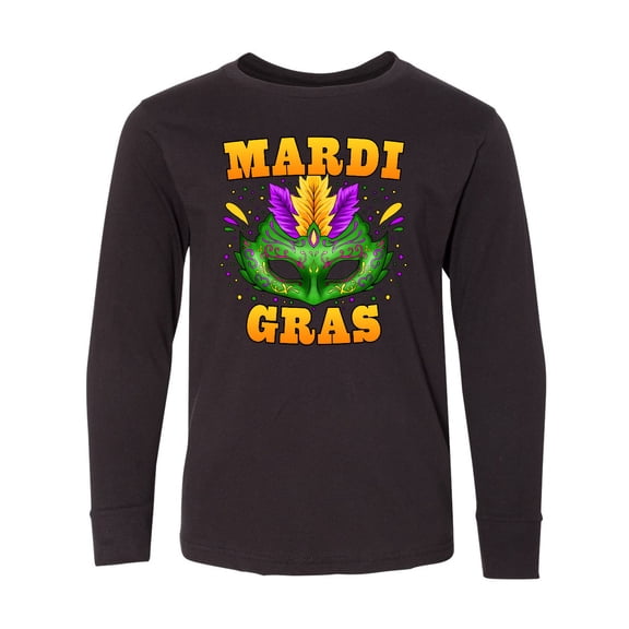Inktastic Mardi Gras with Green Masquerade Mask Long Sleeve Youth T-Shirt