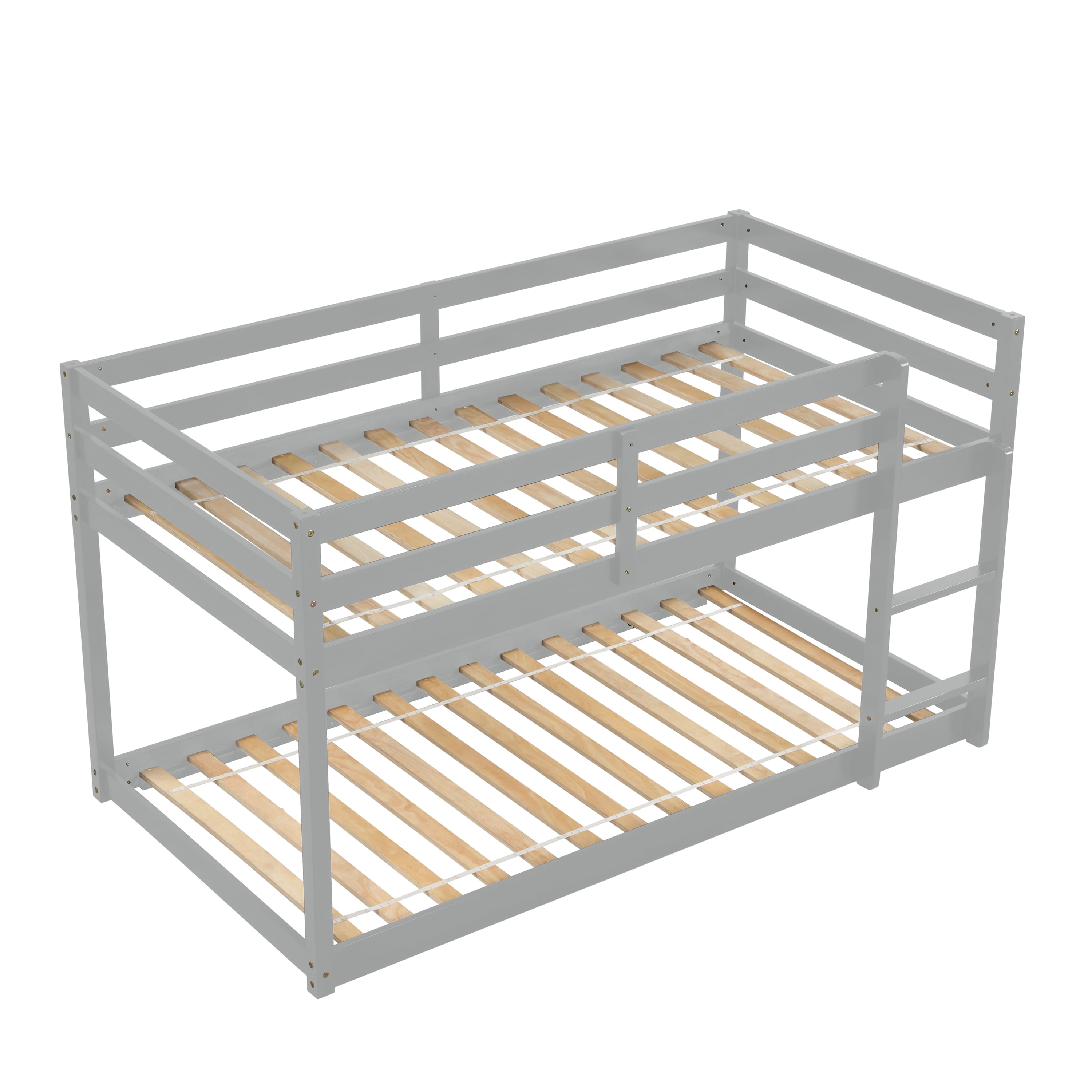 PORKISS Bunk Beds for Kids, Twin over Twin Floor Bunk Bed with Safety Rail and Ladder, Solid Wood Low Bunk Bed Frame for Boys Girls, No Box Spring Needed, Gray