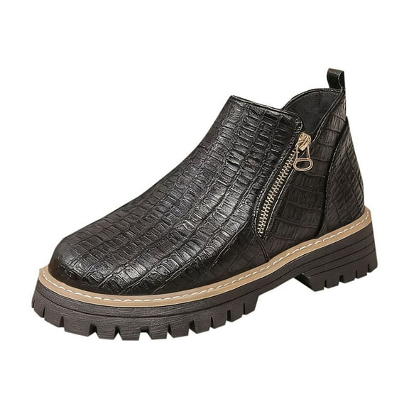 Wensltd Women British Style Flat Boots Side Zip Round Toe Chunky Low Heel Casual Fall Boots Black