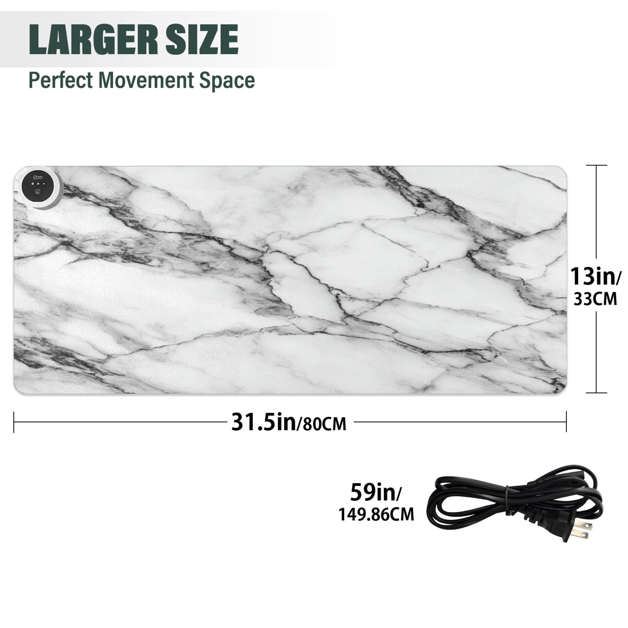 Large Heated Desk Mat Mouse Pad 31.5"x13"PU Leather Graphene Heating Desk Warmer with 3 Temperature Settings 110V US Plug Non-Slip Warm Pad for Home, Office, and Gaming Elegant Marble Texture Print