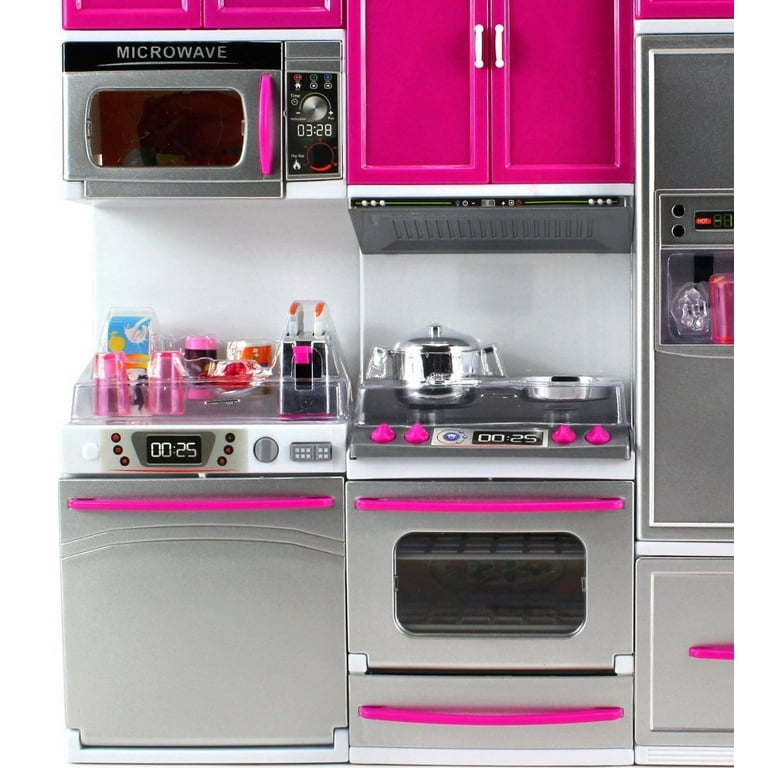 Kitchen Connection My Modern Kitchen Full Deluxe Kit Kitchen Playset: Refrigerator, Stove, Microwave - Pink & Silver-13.5 x 12