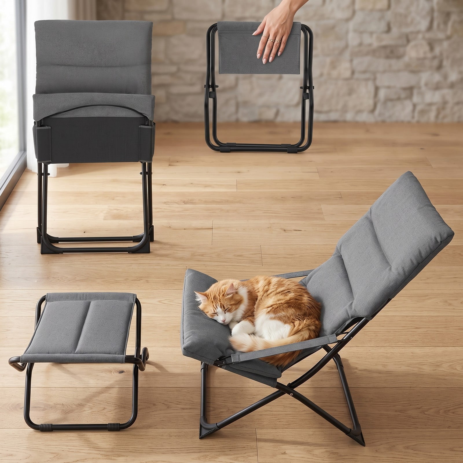 Furnibear Folding Padded Sling Chair with Ottoman Footrest and Removable Cushion for Outdoor Patio and Camping Use, Gray