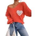 thumbnail image 3 of Sweaters for Female Lantern Sleeve Heart Print Pullover Embroidered Lace Patchwork Knit Pullover Orange S, 3 of 9