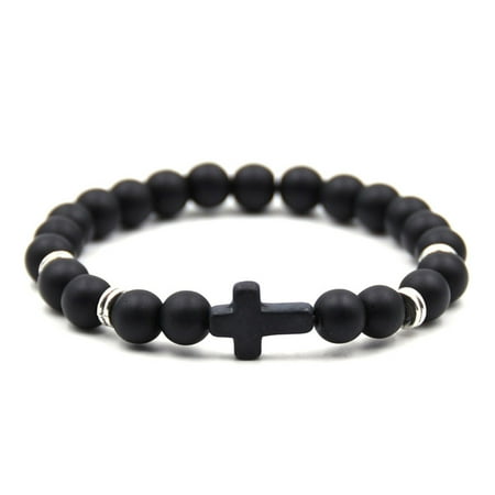 Simple Beaded Bracelets - Unisex Fashion Elegant Cross Beaded Bracelet Simple Elasticity Hand Chain Matte Black