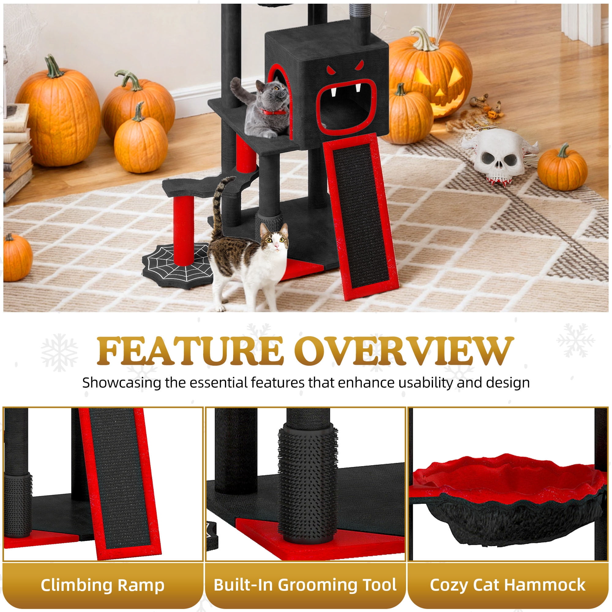 Uforic 60" Gothic Cat Tree Tower with Coffin Bed, Black Halloween Cat Tower with Top Perch, Condos, Basket & Scratcher