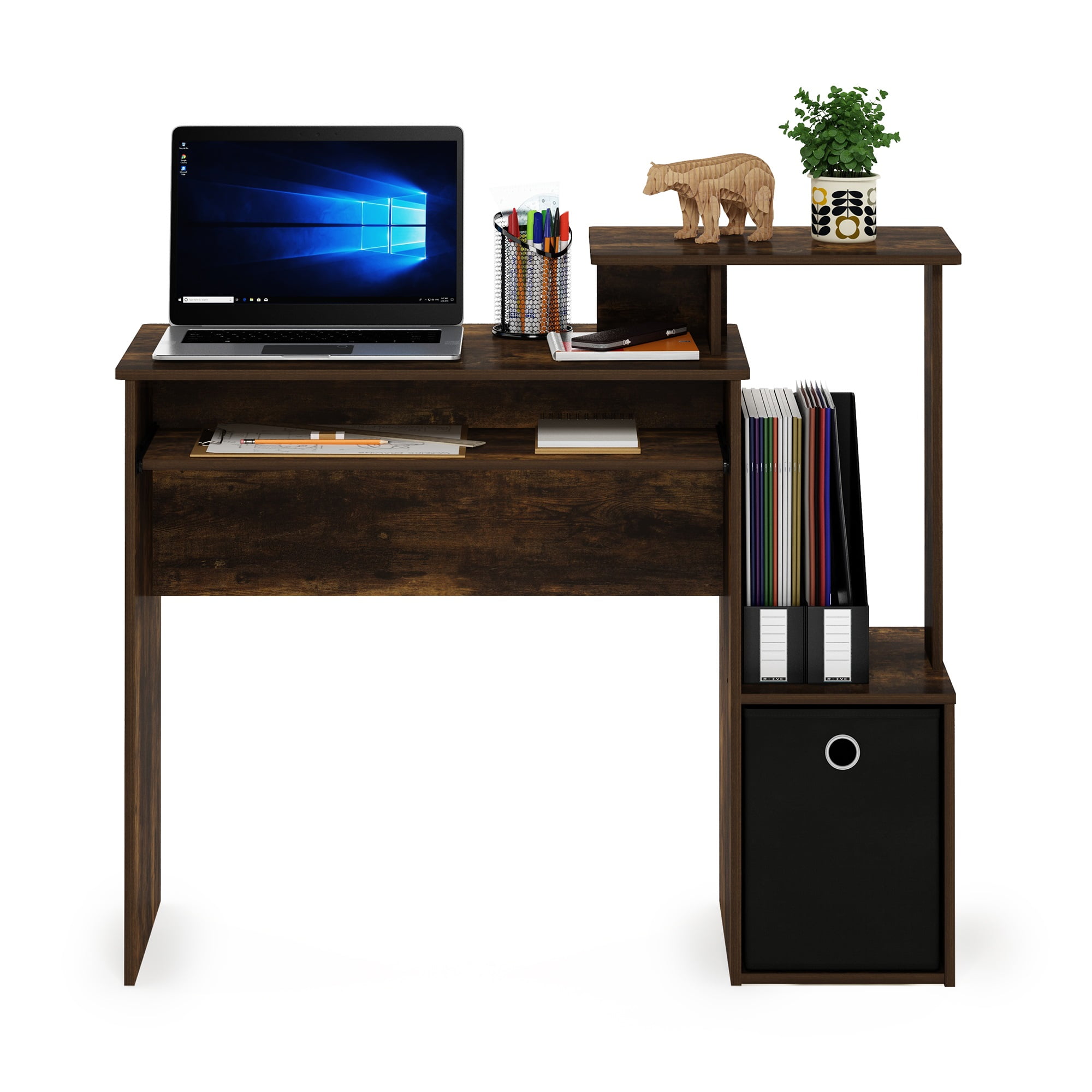 Furinno Econ Multipurpose Home Office Computer Writing Desk with Bin, Amber Pine/Black