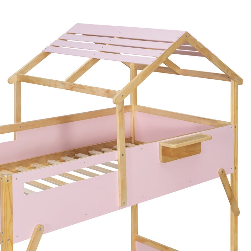 Twin over Twin House-Shaped Bunk Bed with Roof & Stairs, Kids Bed Frame with 3-Color LED Lights & Bedside Storage Shelf