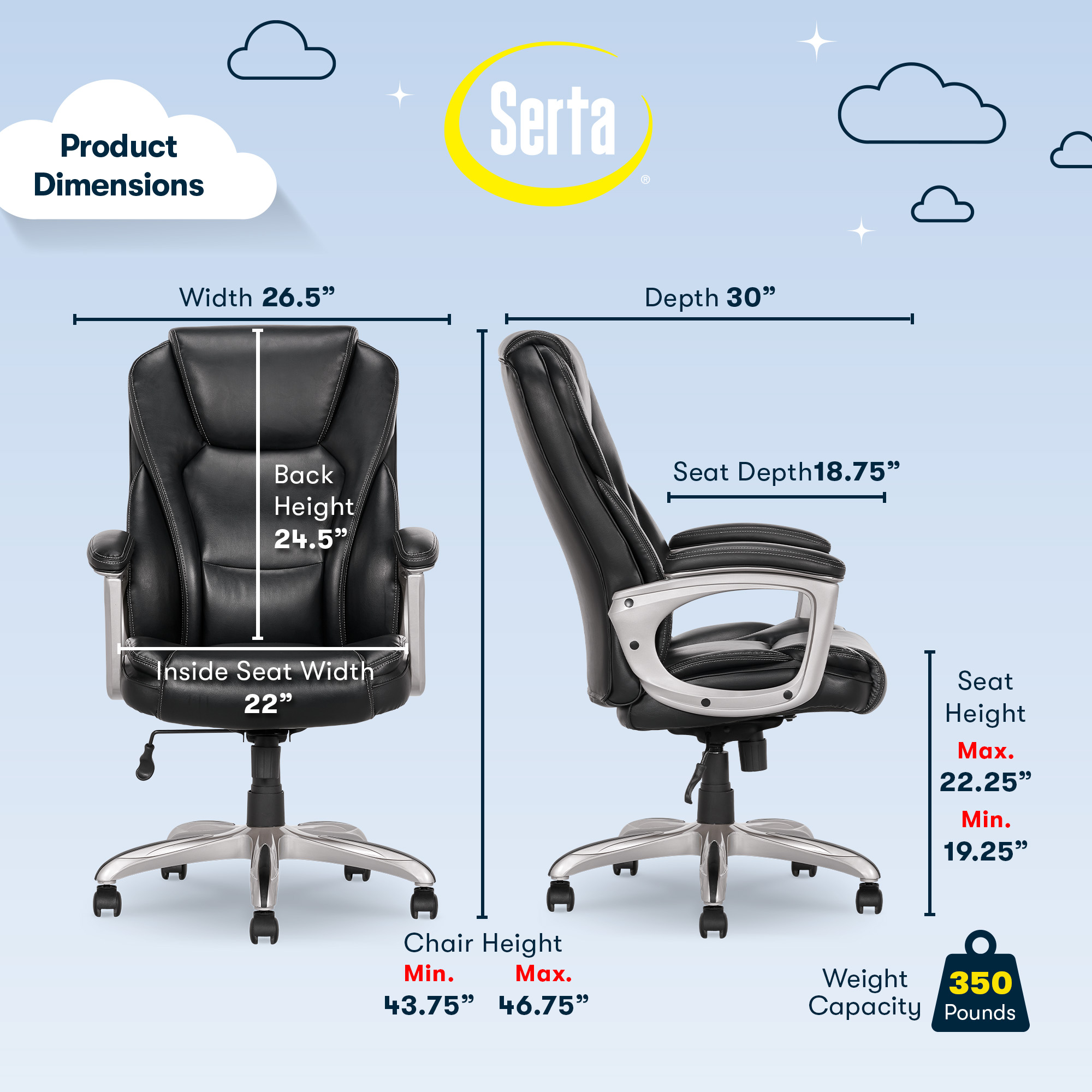 Serta Heavy-Duty Bonded Leather Commercial Office Chair with Memory Foam, 350 lb capacity, Black - image 5 of 9