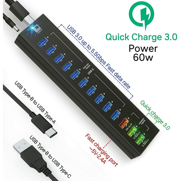 USB Hub Powered, 13 Multi-Port Hub with USB 3.0 Ports, 2 Quick Charge 3.0 Ports, and Port with up to - Walmart.com