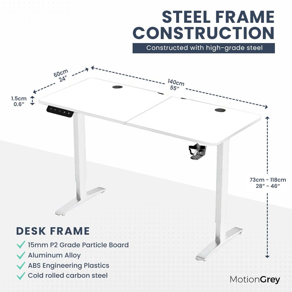 MotionGrey Standing Desk Height Adjustable Electric Motor Sit-to-Stand Desk Computer for Home and Office - White Frame (55x24 White Tabletop Included)&nbsp;