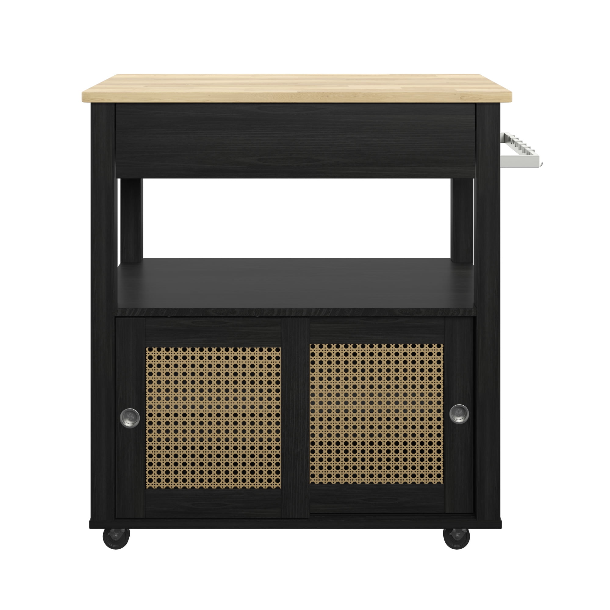 Twin Star Home Boho Kitchen Storage Cart with Sliding Doors, Black