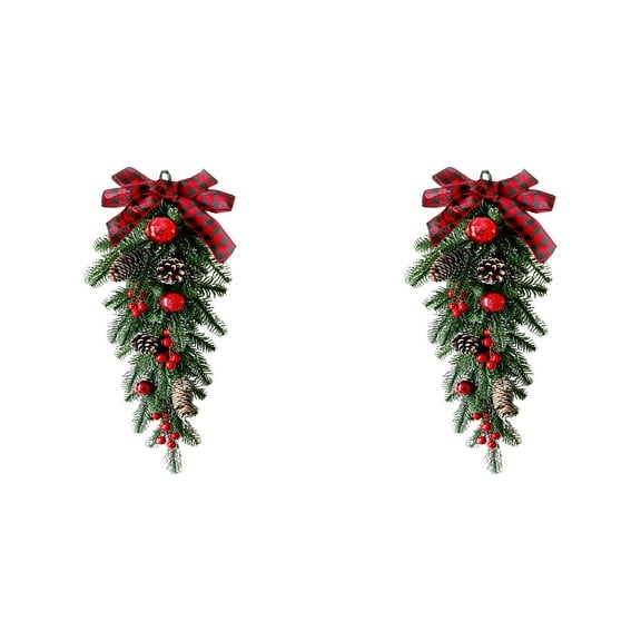 XJGHHSY 2 Pcs Artificial Christmas Swag 19.7 inch Christmas Teardrop Door Swag with Pinecones Red Berry Ribbon Bow Flocked Greenery Pine Needles Wreath for Holiday Wall Lintel Festival Decor,Green*2