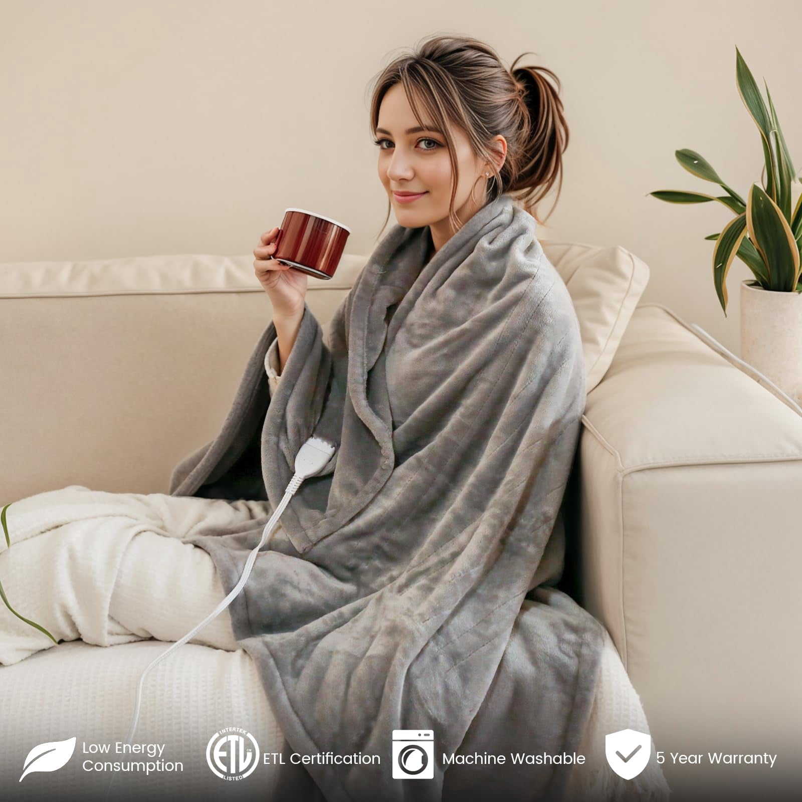 Heated Blanket Queen Size 84"x90", Dual Control Cozy Flannel Electric Blanket for Bed with 10 Fast Heating Levels, 12H Auto Off, ETL Certified,Soft Machine Washable Blanket for Home Use,Grey