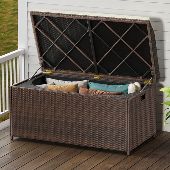 Dextrus Large Outdoor Storage Bench, 70 Gallon  PE Rattan Storage Box w/Handles and Soft Cushion,for Patio Garden,Brown