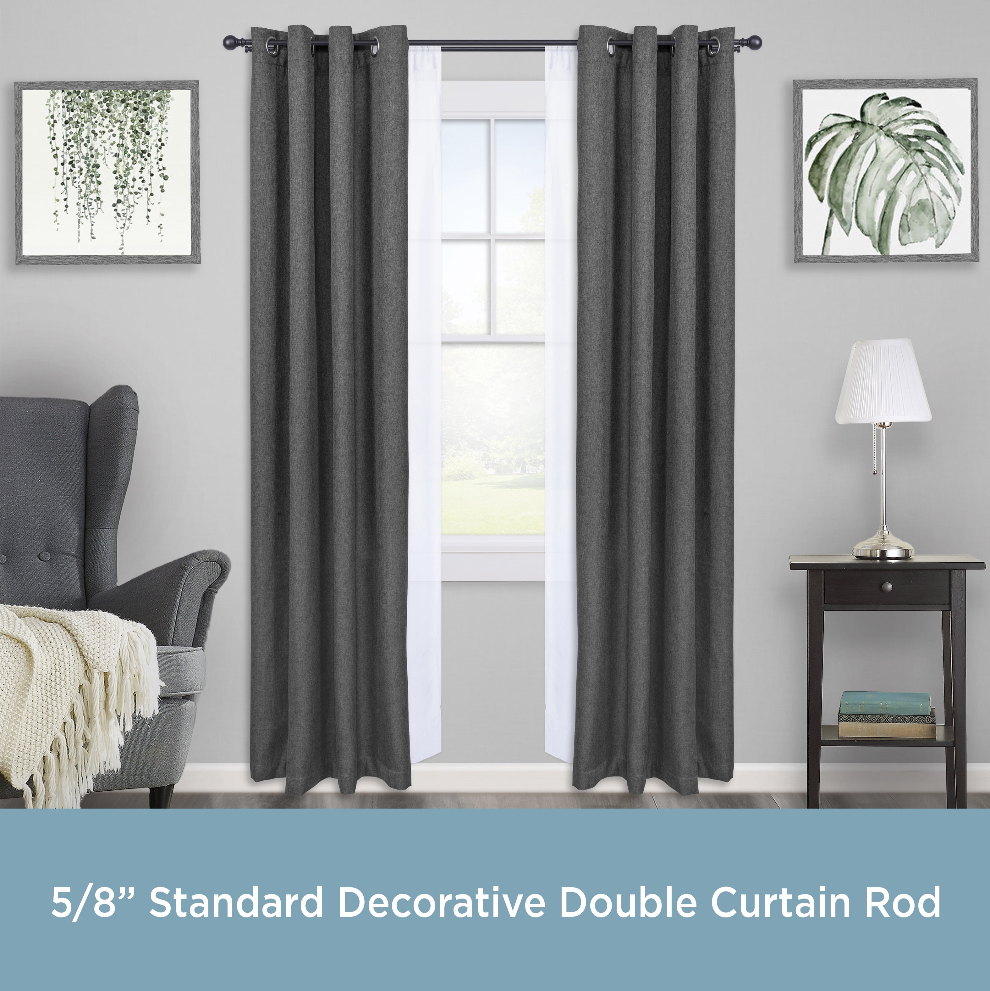 Kenney Wakefield Standard Steel Decorative Window Double Curtain Rod, 36-66" Adjustable Length, 5/8" Dia., Black