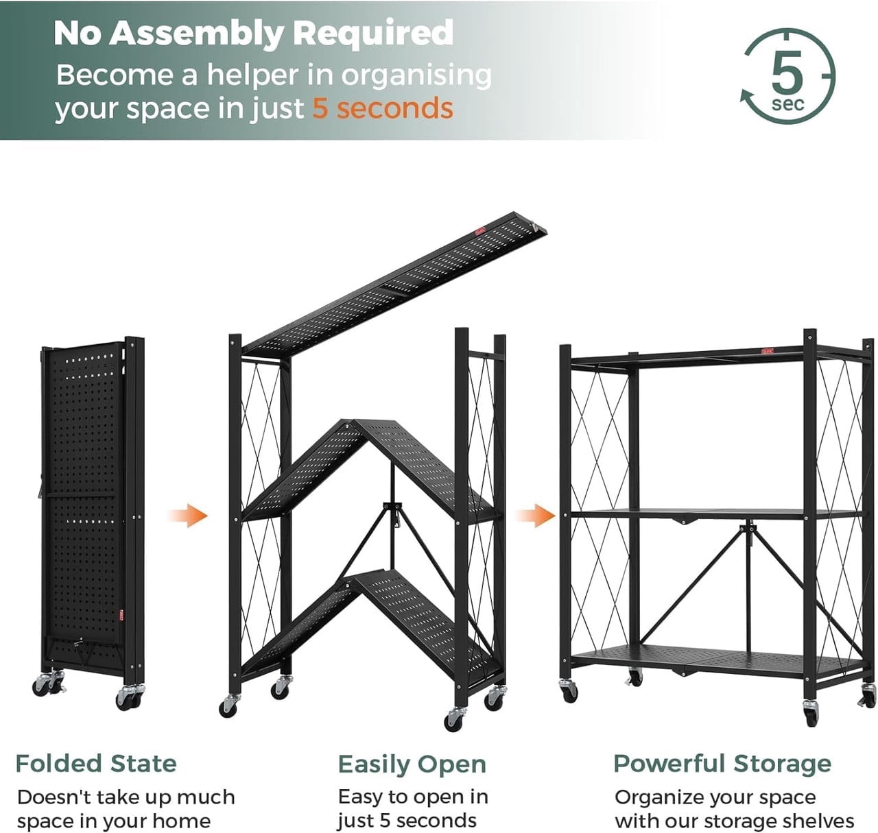 Howcool 3-Tier Heavy Duty Metal Rack Foldable Shelf Organizer, Kitchen Storage Cart with Lockable Wheel