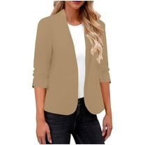 Xdegoge Blazers for Women Trendy Business Cardigan Casual Fall Solid Color Long Sleeve Shrug Thin Open Front Cardigan Suit Jacket Fashion Long Sleeve Tops Office Blazer Plus Size Beige L
