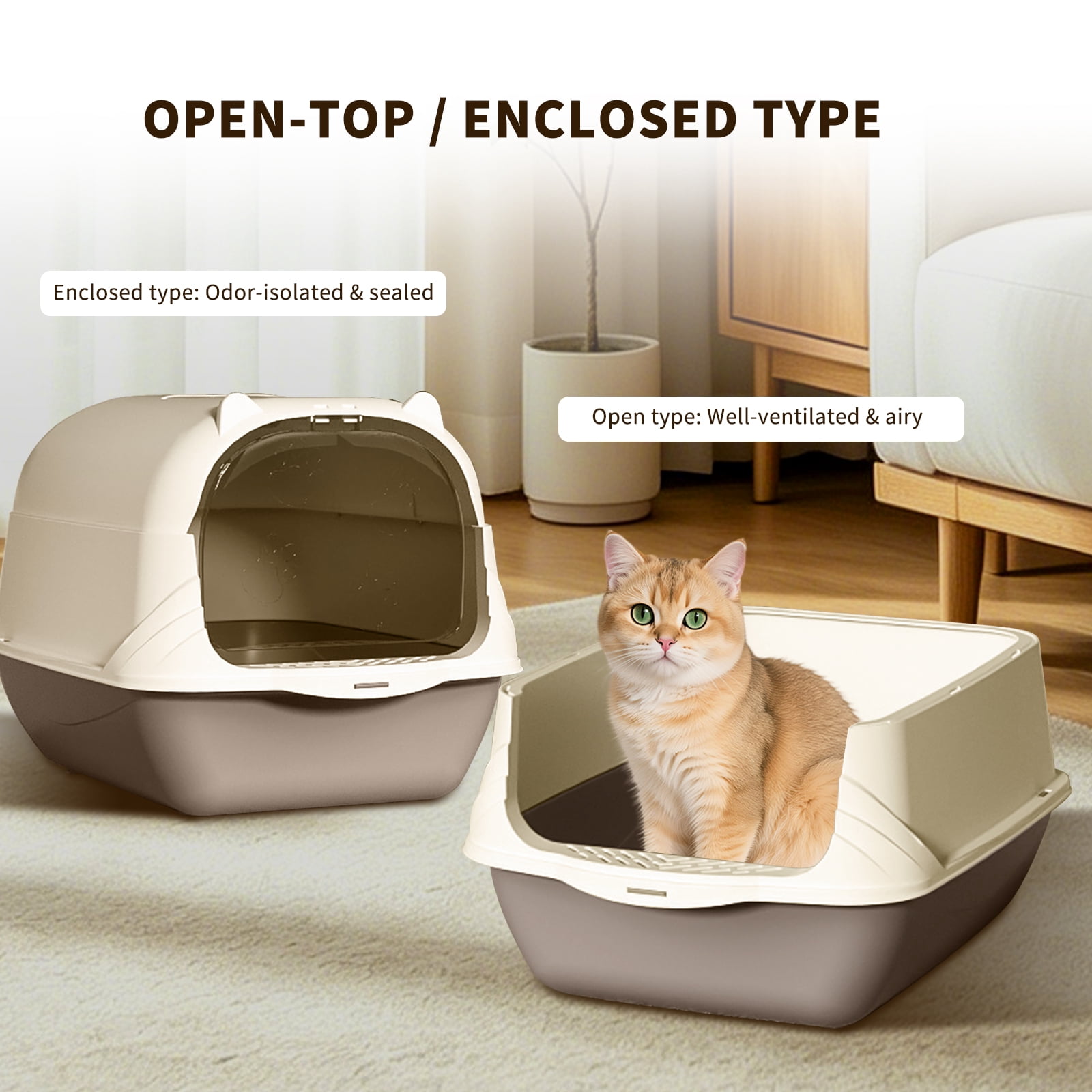 Open Design Cat Litter Box, Spacious Transparent Litter Box with Cleaning Scoop, Stylish Durable for Cats of All Sizes