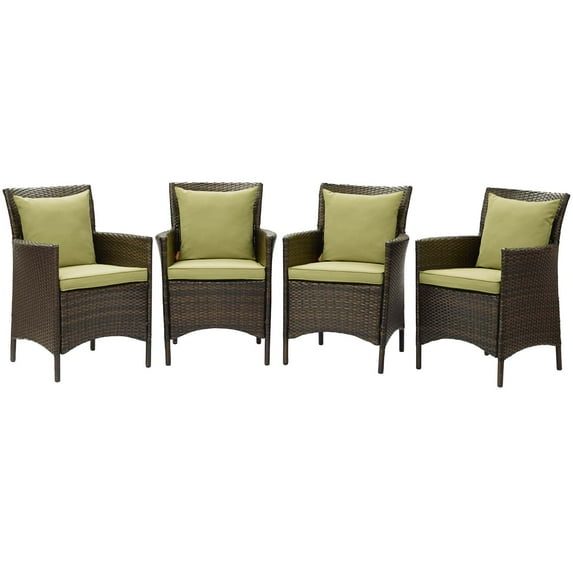 Side Dining Chair Armchair, Set of 4, Rattan, Wicker, Brown Green, Modern Contemporary Urban Design, Outdoor Patio Balcony Cafe Bistro Garden Furniture Hotel Hospitality