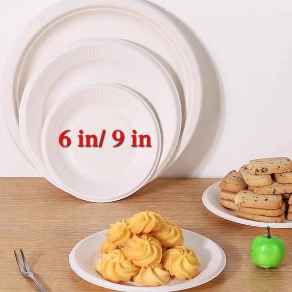 6-In/9 In Paper Plates Uncoated, Disposable Dessert Plates 6" Paper Plate Bulk, White