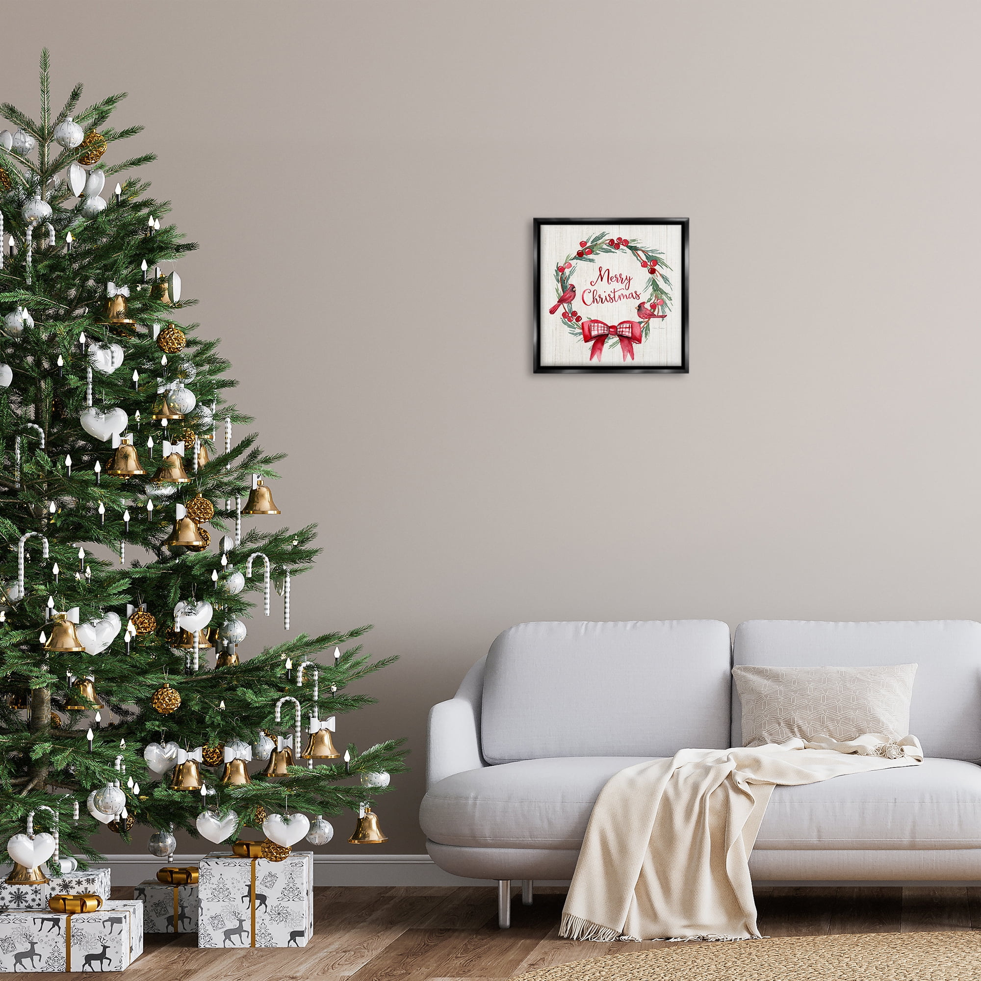 Stupell Industries Merry Christmas Holly Wreath Holiday Painting Black Floater Framed Canvas Art Prints Wall Art, 18 x 18