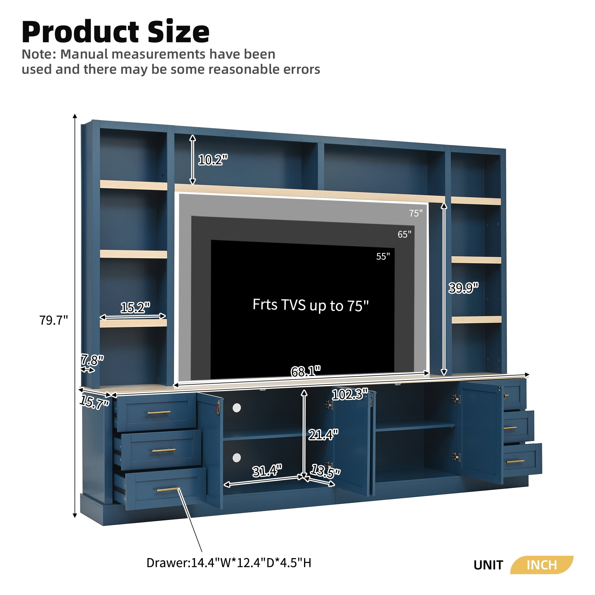 Euroco 102.3"W Farmhouse 4-Piece Entertainment Center Wall Unit with Adjustable Shelf, Modern Large TV Stand with Bookshelves