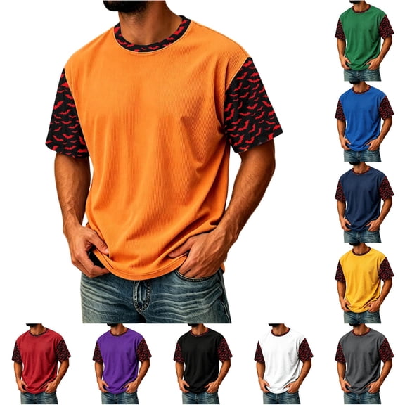 ZXLBBD Mens T Shirts Halloween Ribbed Pumpkin Graphic Tee Short Sleeve Crew Neck T Shirt Party Daily Versatile T-Shirts for Man Dailywear,Orange,S