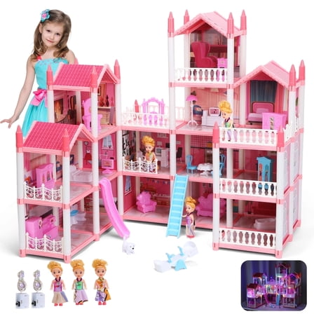 Lenbar 16 Rooms Pink Dollhouse for Girls Ages 3 , with Furniture, Accessories, Colorful Lights and 3 Dolls, Pretend Play Gift