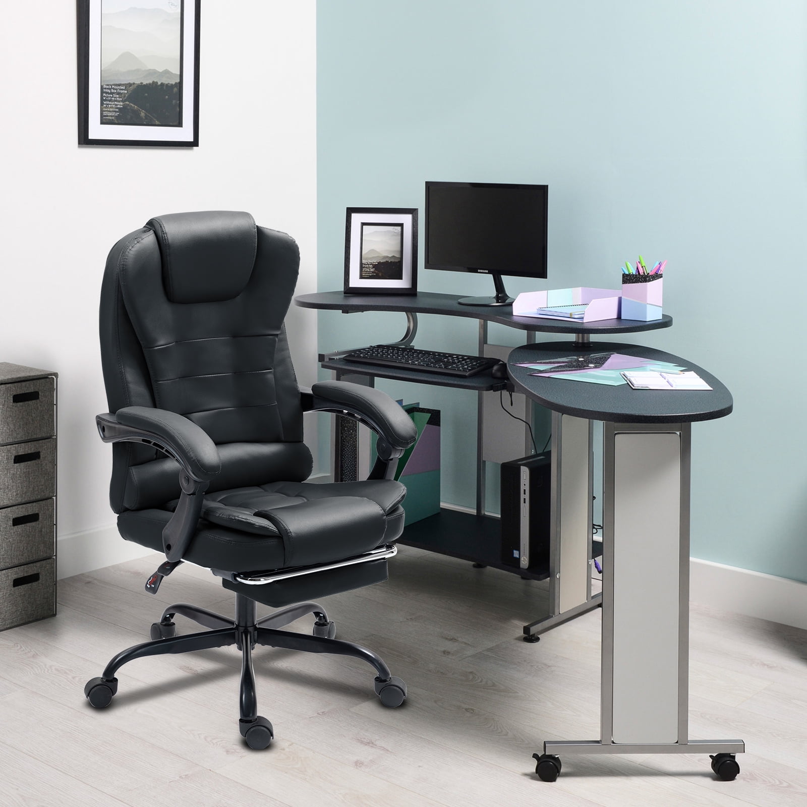 Big and Tall Executive Office Chair with Footrest, Ergonomic Reclining Swivel Computer Chair, High Back Home Office Chair with Lumbar Support, Height Adjustable, Padded Armrests, Rolling, Black