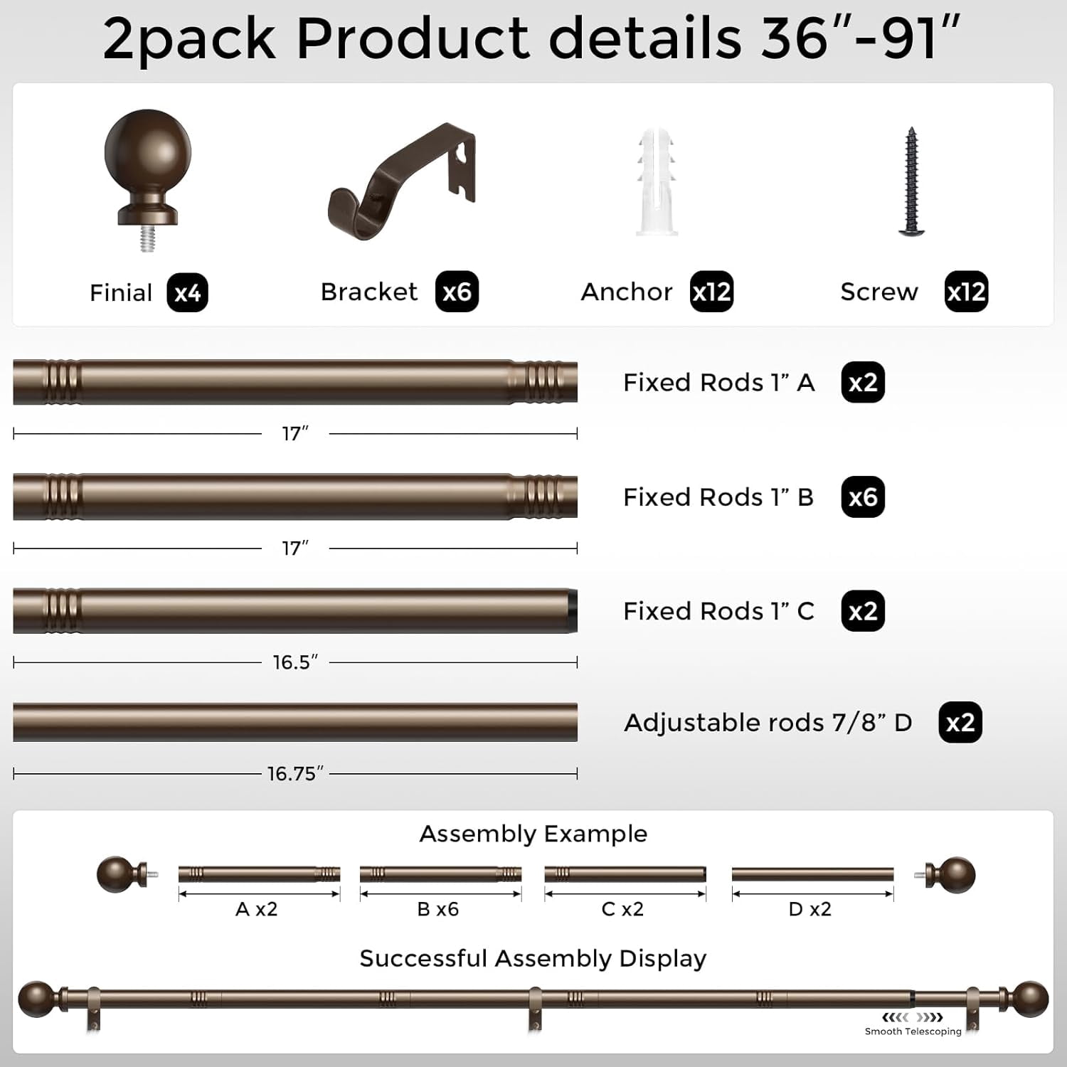 UniMall 2 Pack Bronze Curtain Rod, 1 Inch Adjustable Heavy Duty Curtain Rods for Windows 48 to 84 Inch, Decorative Modern Window Treatment Rods, Splicing Metal Drapery Pole, Easy Installation