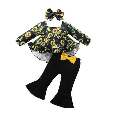 

Odeerbi Clearance Baby Girl Clothes Toddler Clothing Suspender Trousers Sunflower Flower Print Suit Long Sleeved Trousers Bow Headband Suit