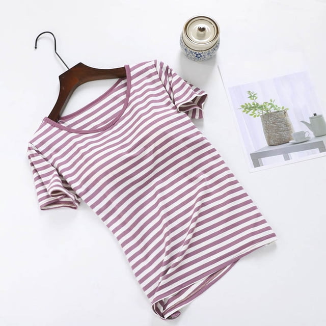 Blusa de pijama de manga corta para mujer, lisa, informal, a la moda, con cuello redondo, de manga corta, para mujer