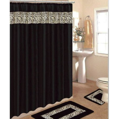 4 Piece Bath Rug Set/ 3 Piece Black Zebra Bathroom Rugs with Fabric Shower Curtain and Matching 