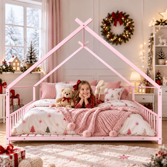 SESSLIFE Twin House Bed Frame, Low Profile Floor Bed with Roof Frame, Montessori Metal Platform Bed with Slats, No Box Spring Needed, 250 lb, Pink
