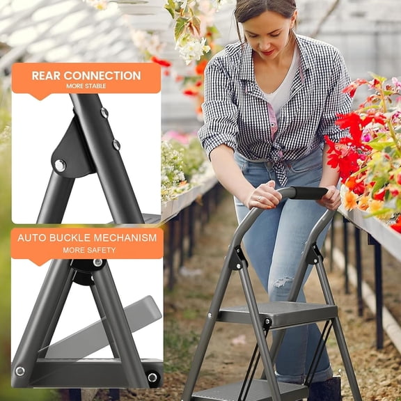 Step Stool for Adults,2 Step Ladder Folding 330lbs Anti Slip Step Stool,Foldable Ergonomic 2 Steel Stool with Wide Pedal for Home, Kitchen, Office (Gray)