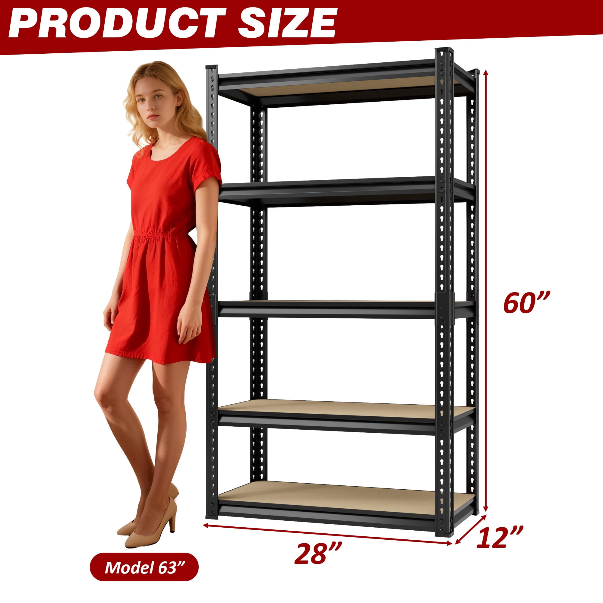 Garage Storage Shelves, 5 Tier Adjustable Shelving for Garage, Basement, Warehouse, Commercial, Easy Assemble, 12" W x " 60H x 28" D
