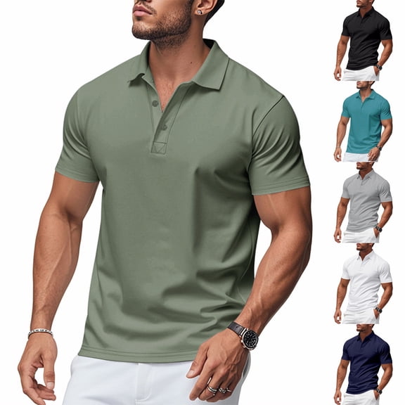 KLHDSF Men's Polo Shirts Short Sleeve Casual Summer Cotton Shirts for Men Performance Collared Golf Shirts Army Green L