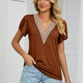thumbnail image 5 of JWZUY Womens Crochet Lace V Neck Tops Solid Tunic Petal Sleeve Tees Shirts Blouse Short Sleeve Chiffon Elegant Tshirt Summer 2023 Brown XL, 5 of 8