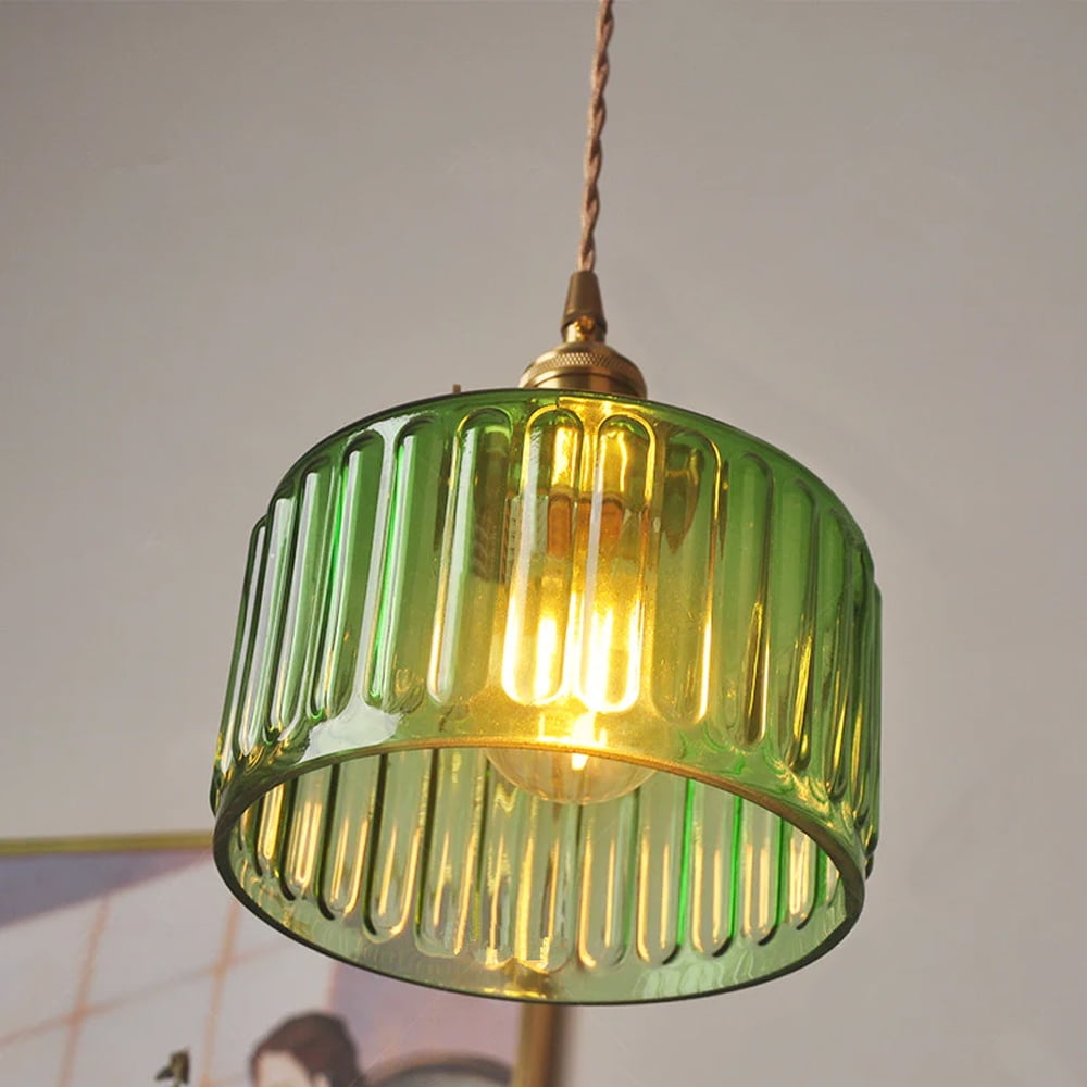 Arturesthome Classic Vintage Green Glass Pendant Light Cylinder Wavy Small Light Fixture