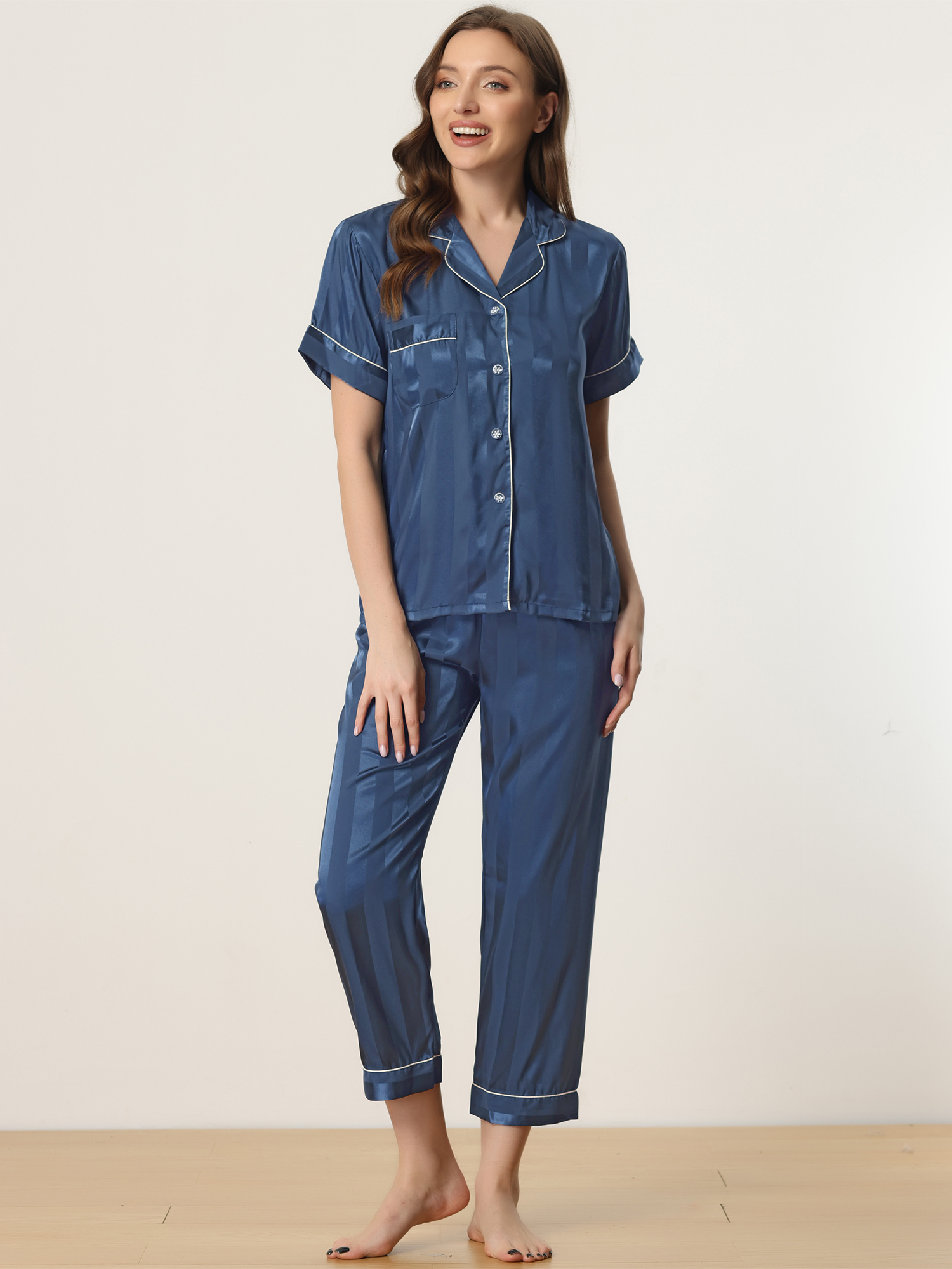DARING DIVA Women's Satin Button Down Short Sleeve Long Pants Pajama Set M Navy Blue