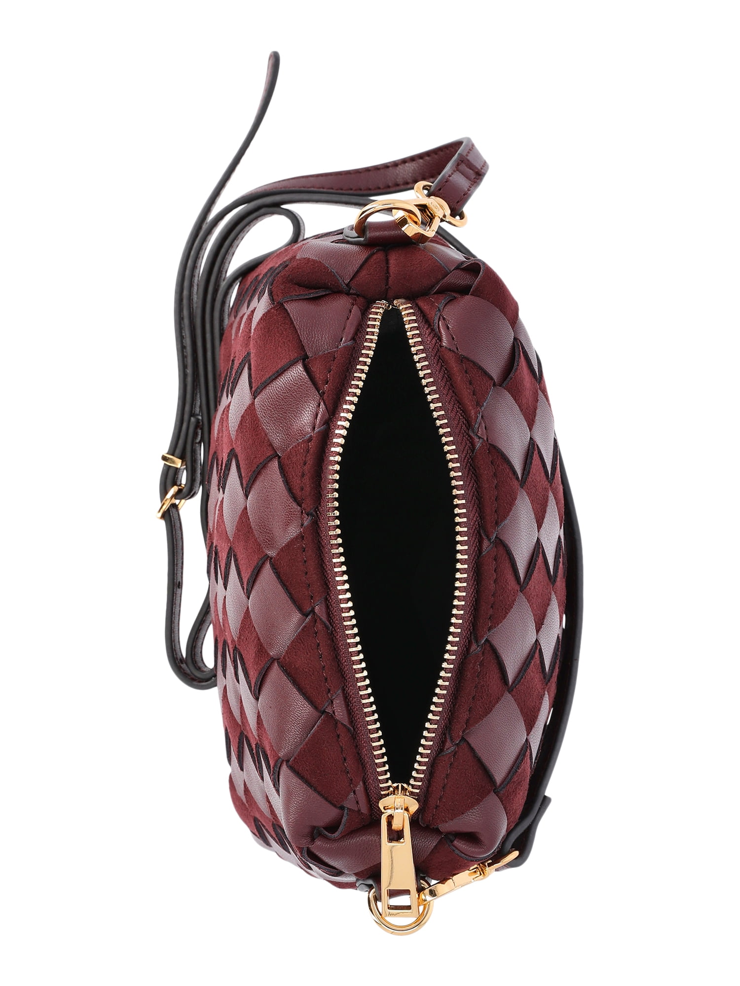 Time and Tru Women's Woven Faux Leather and Suede Mini Crossbody Bag, Burgundy