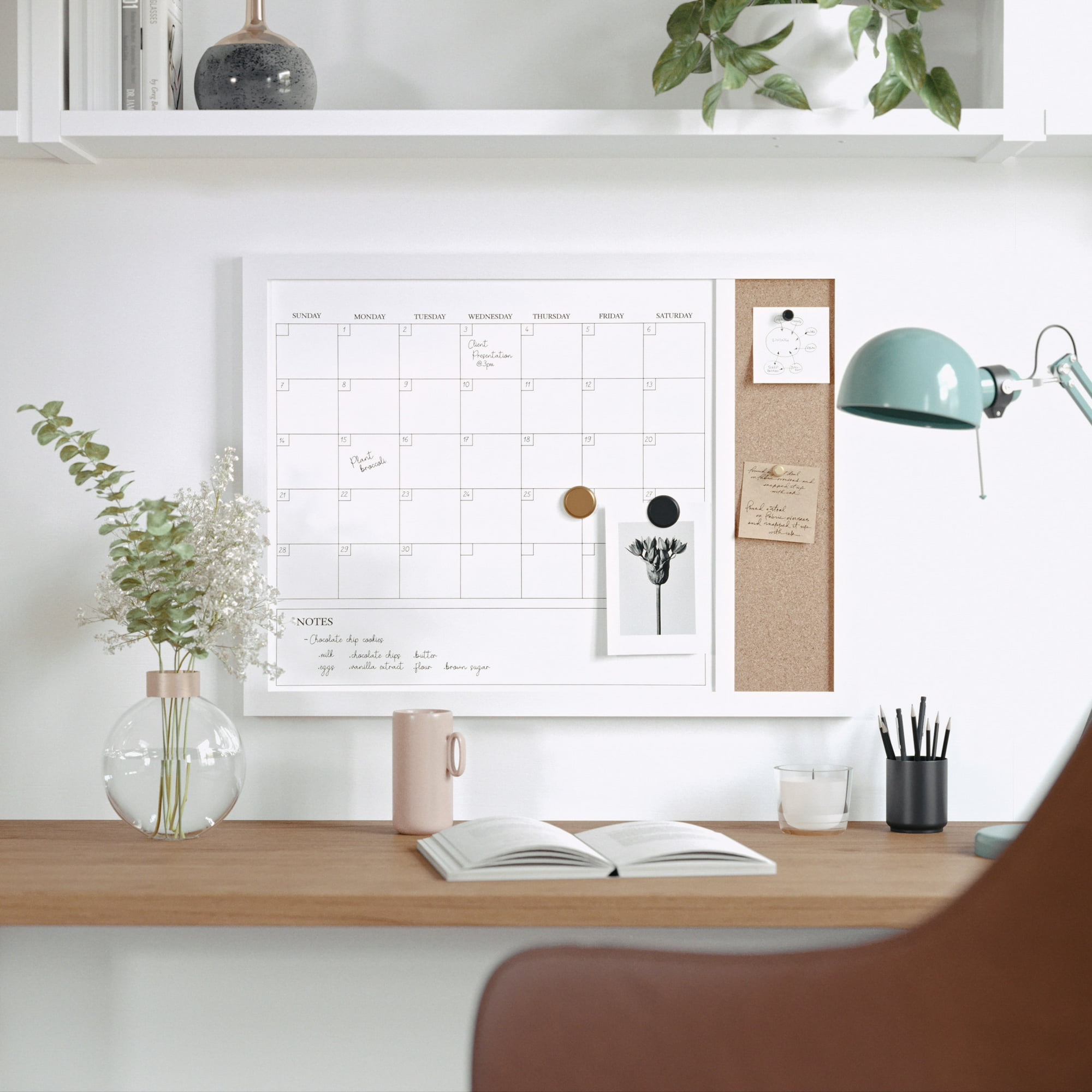 Martha Stewart Everette 24"x18" Magnetic Dry Erase Monthly Calendar and Cork Board Combo with Included Marker, Magnets, and Push Pins, White Woodgrain Frame