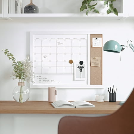 Martha Stewart - Everette Dry Erase Magnetic Monthly Calendar/Cork Board - 24x18 - White Woodgrain