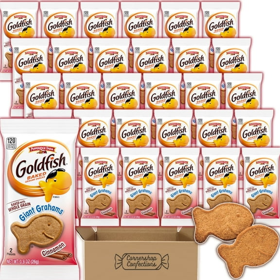 Goldfish Giant Grahams Cinnamon Flavor 60 Cracker Bulk Pack - 30 Individually Sealed Portion Packs of 2 Graham Crackers Each - Whole Grain, Baked Graham Crackers - In Cornershop Confections Box