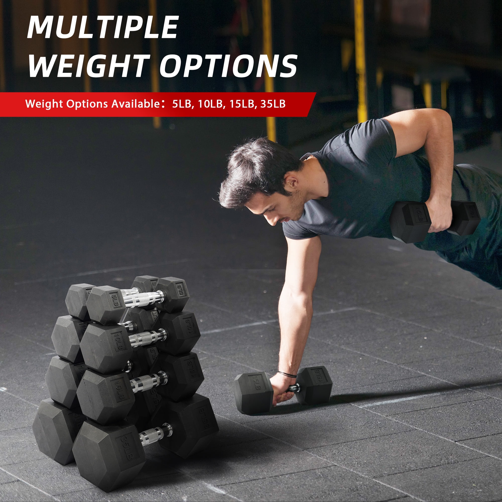 FlexWave Rubber Encased Hex Dumbbell Set – 70LB/80LB/90LB/110LB/120LB/130LB/140LB/160LB Total Weight, Black, Solid Cast Iron with Non-Slip Grip for Strength Training and Home Gym