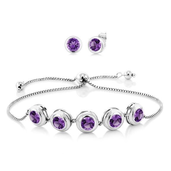 Gem Stone King 4.90 Ct Round 6mm Purple Amethyst 925 Sterling Silver Bracelet for Women Earrings Set